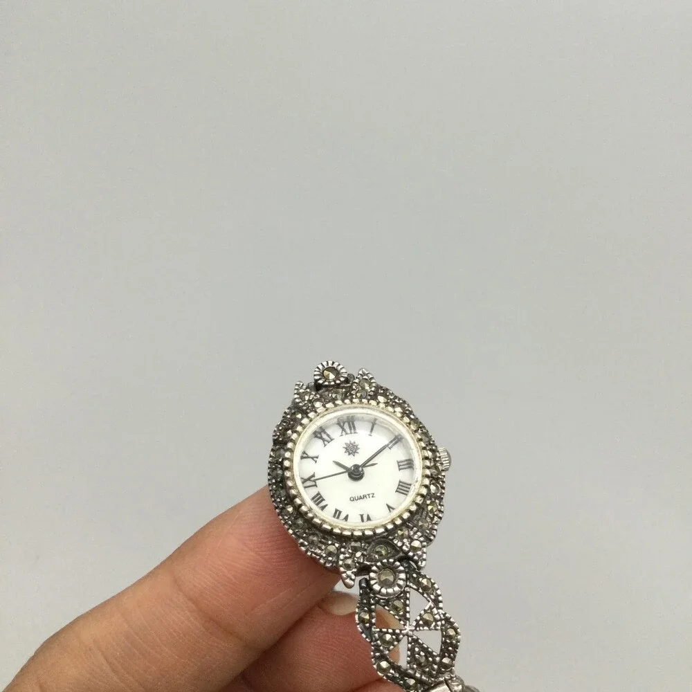 Vintage Marcasite Womens Watch 20mm 925 Sterling Silver New Battery 7.25